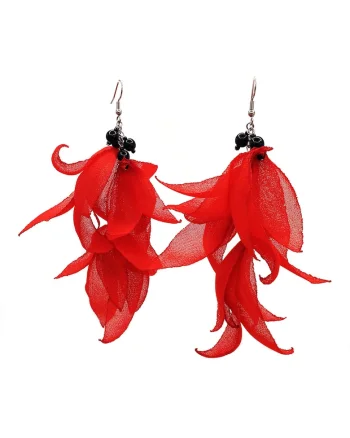 Cercei lungi voluminosi, Zia Fashion, voal, inox, handmade, Rosu/Negru