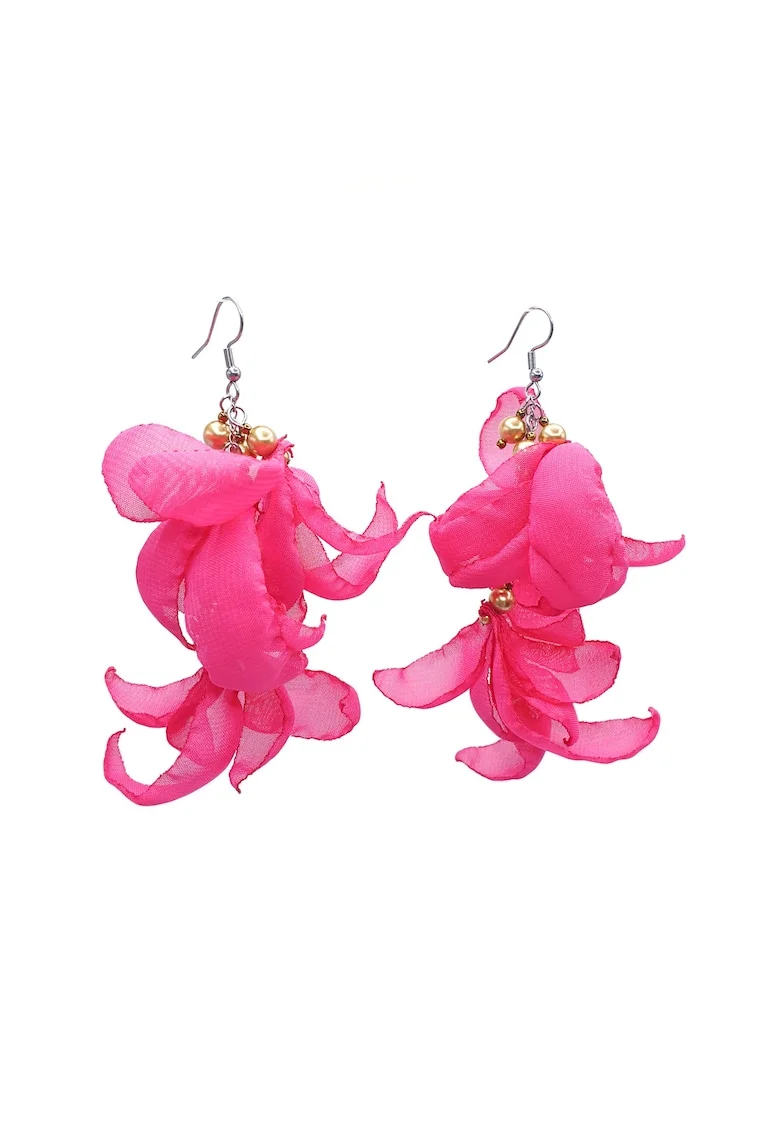 Cercei lungi voluminosi, Zia Fashion, voal, inox, handmade, Auriu/Roz