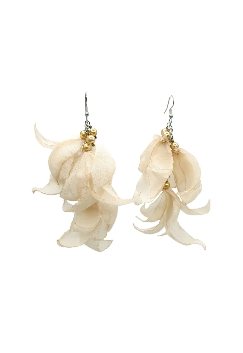 Cercei lungi voluminosi, Zia Fashion, voal, inox, handmade, Auriu/Bej