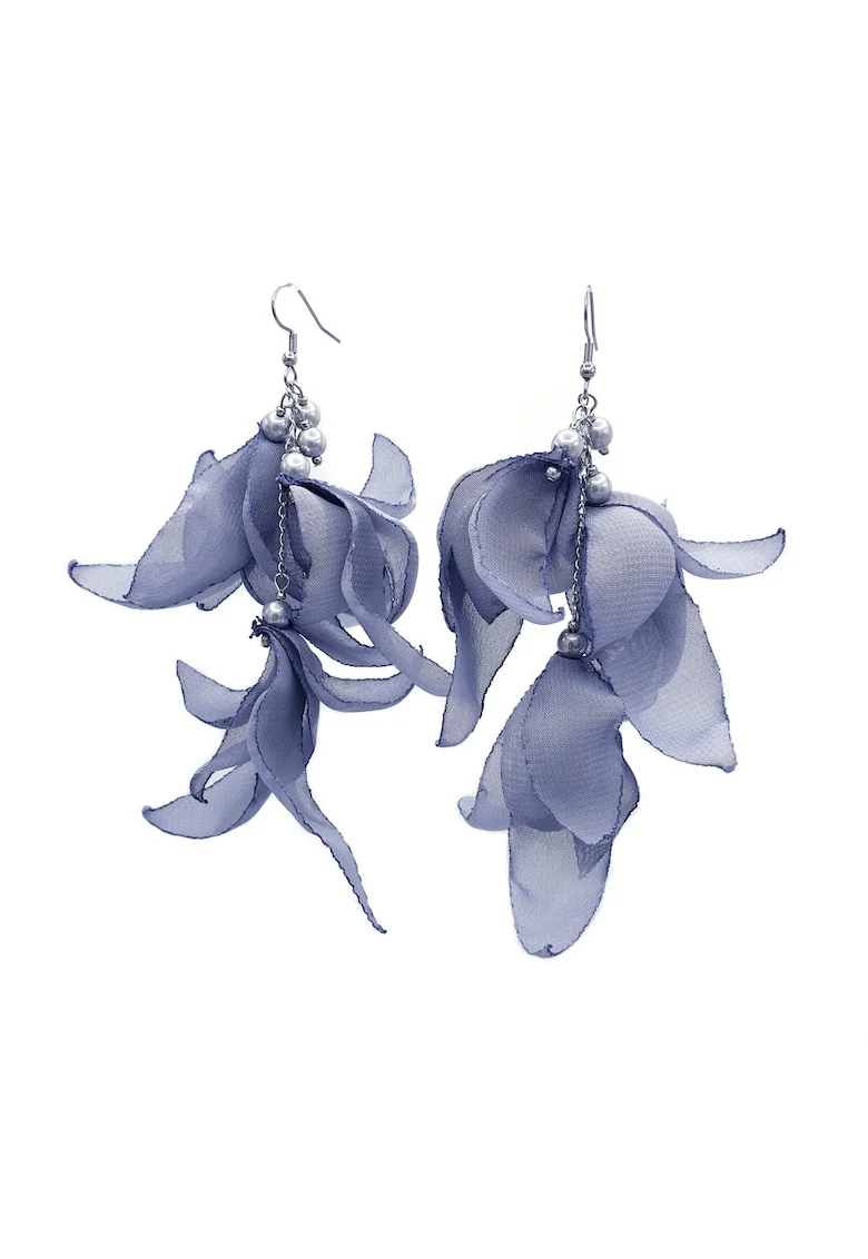 Cercei lungi voluminosi, Zia Fashion, voal, inox, handmade, Gri/Argintiu
