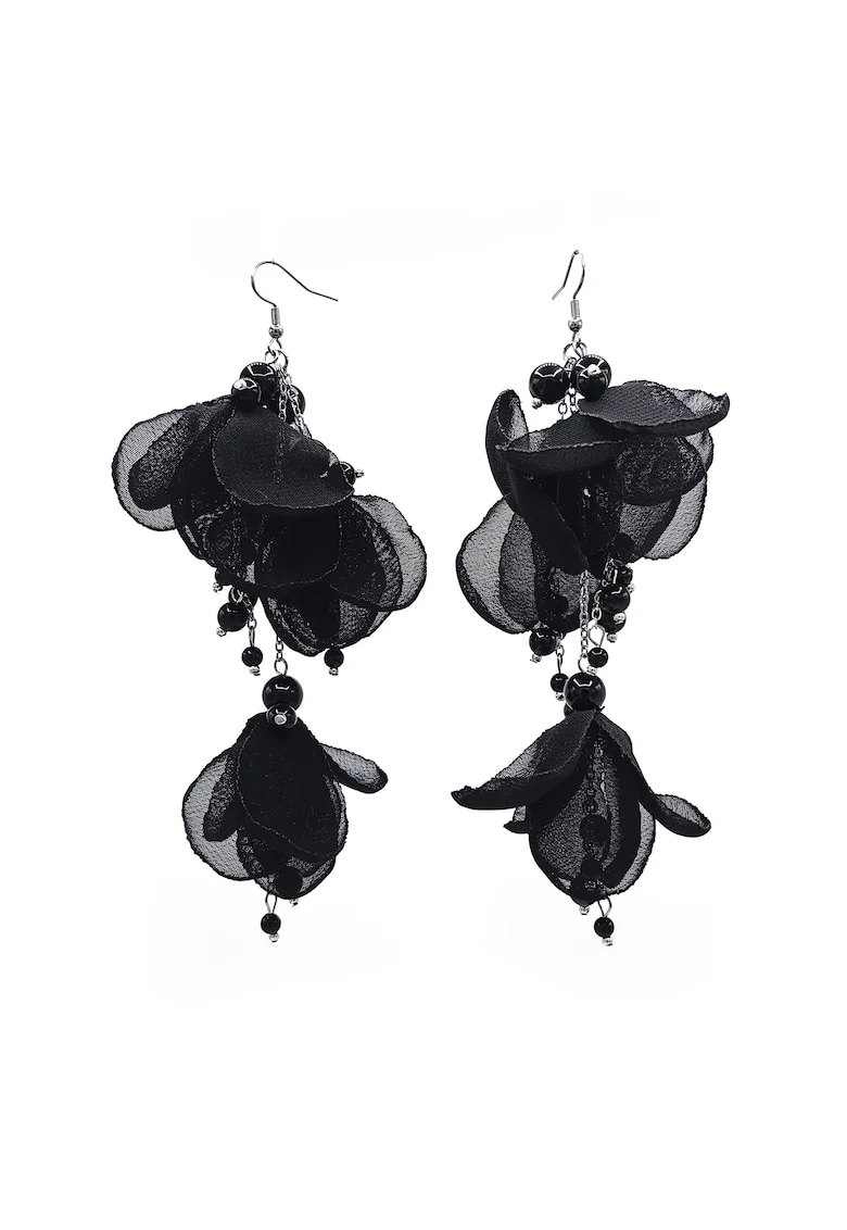 Cercei lungi voluminosi cu flori Lovely, Negru