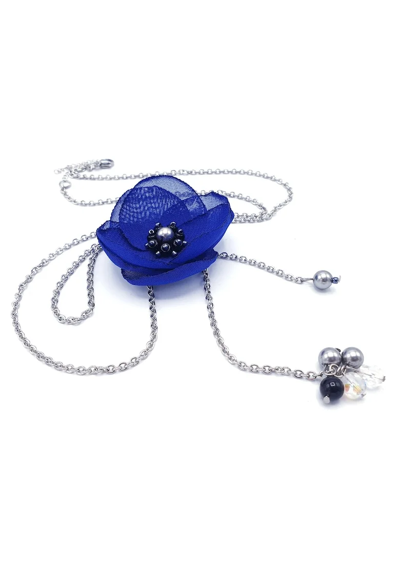 Colier lung elegant, Zia Fashion, Cindy, floare albastra, inox, perle