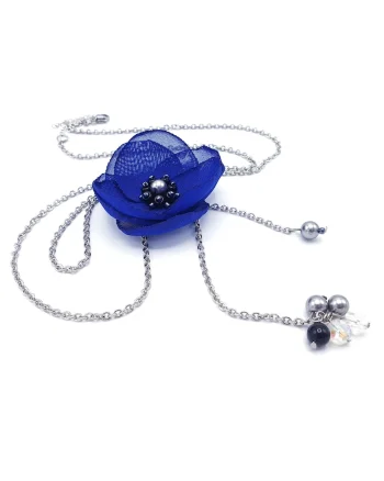 Colier lung elegant, Zia Fashion, Cindy, floare albastra, inox, perle