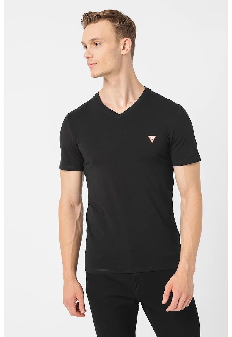 Tricou slim fit cu decolteu in V, Negru carbon