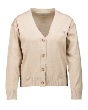 Cardigan cu decolteu in V si logo, Maro camel/Bej deschis