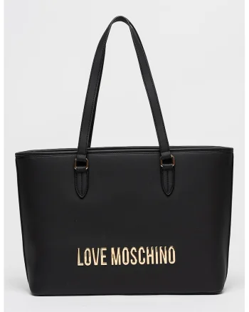 Geanta tote de piele ecologica cu logo metalic, Negru