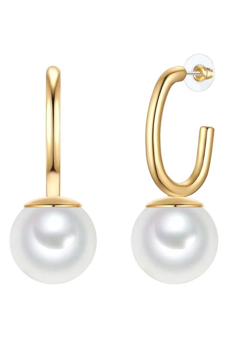 Cercei drop cu perla sintetica si placati cu aur de 14K, Auriu