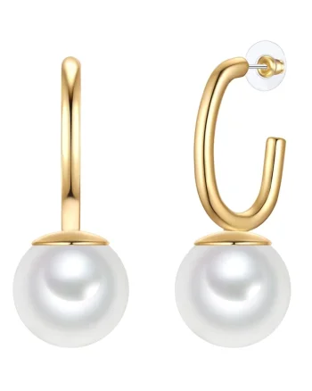 Cercei drop cu perla sintetica si placati cu aur de 14K, Auriu