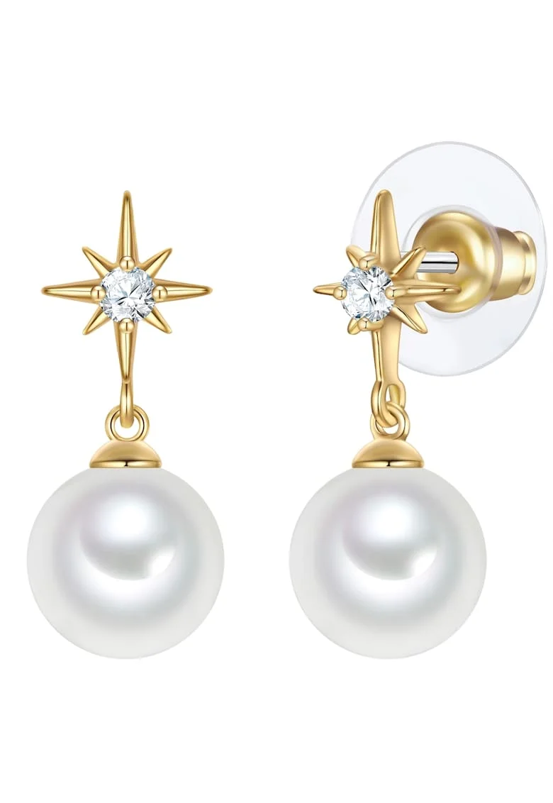 Cercei placati cu aur de 14K, perle si zirconia, Auriu