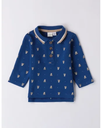 Bluza cu guler polo si model cu ursulet, Gri/Albastru inchis