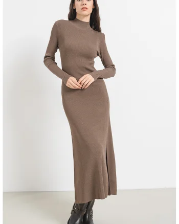 Rochie midi striata cu slit, Maro