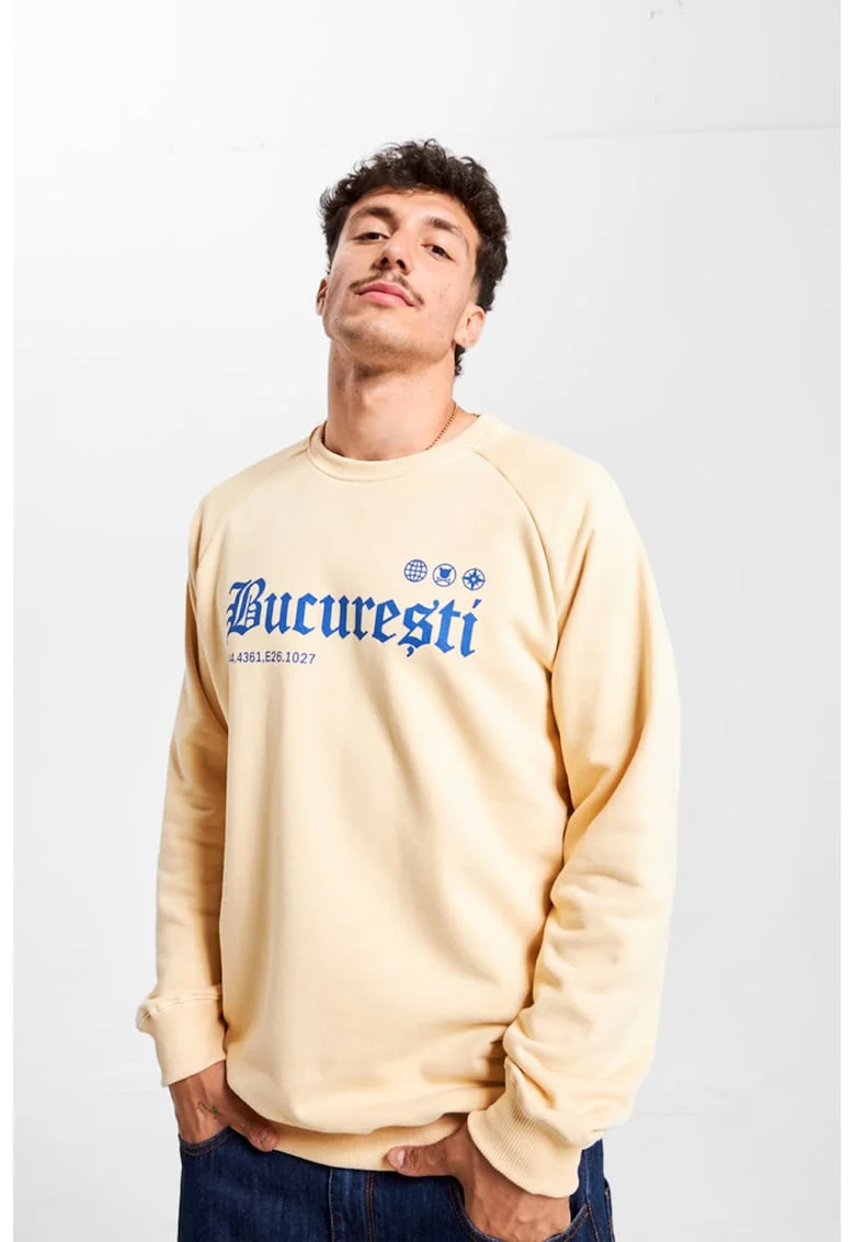 Bluza de trening unisex cu decolteu la baza gatului si imprimeu, Albastru/Bej deschis