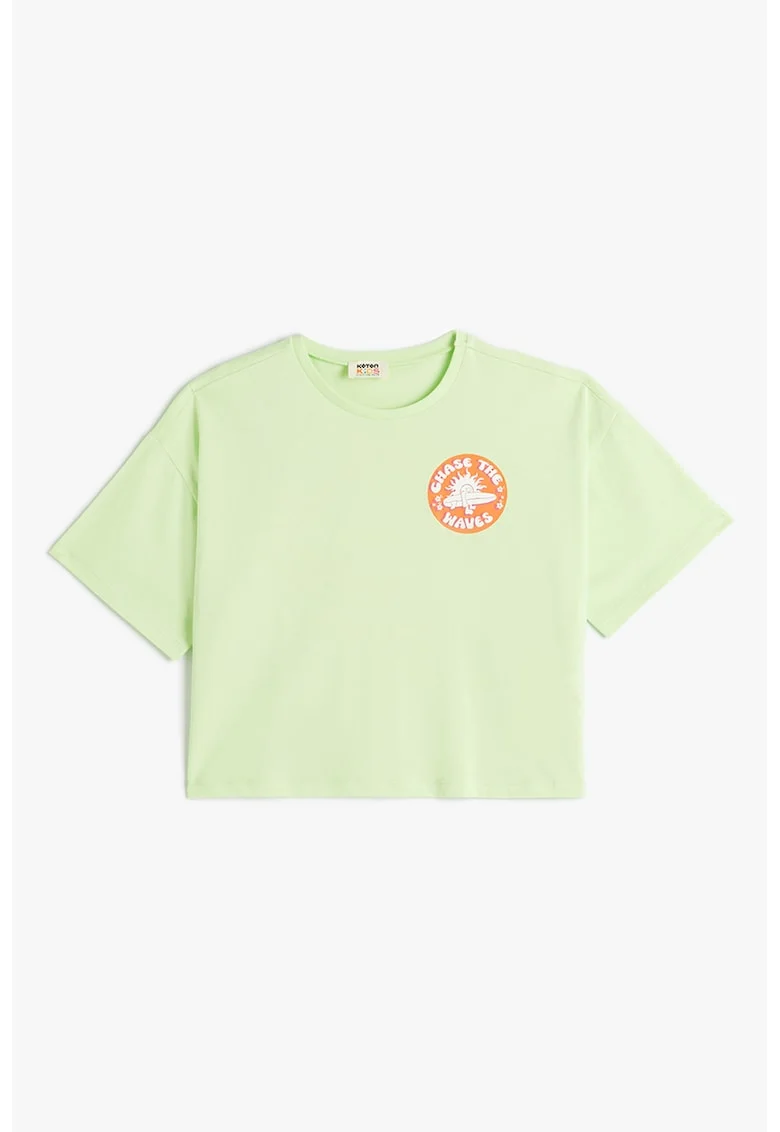 Tricou crop din bumbac cu imprimeu grafic pe partea din spate, Verde deschis