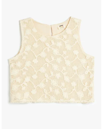 Top crop cu broderii, Alb/Bej