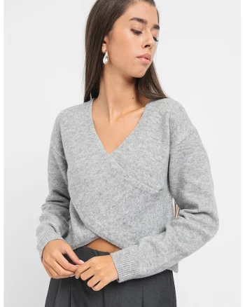 Pulover crop asimetric cu decolteu in V, Gri melange