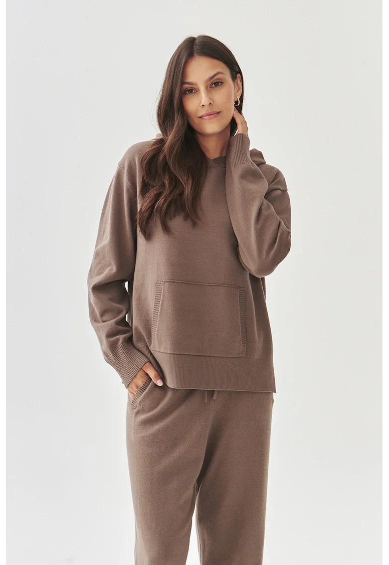 Pulover tricotat fin cu buzunar kangaroo, Maro taupe