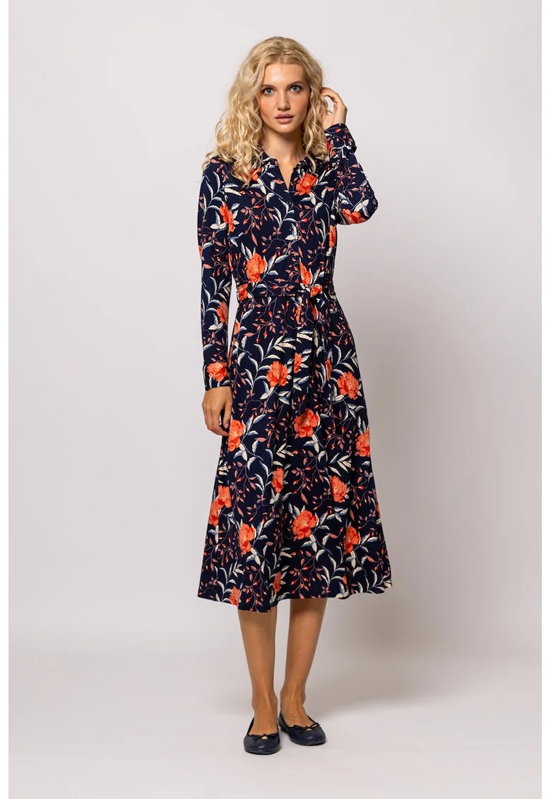 Rochie cu imprimeu si cordon in talie, Alb/Coral/Bleumarin