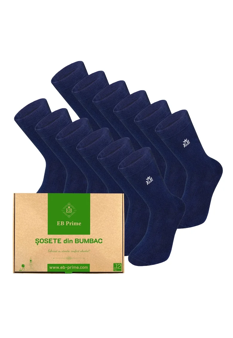 Set 12 perechi, Sosete clasice din bumbac pieptanat, Cutiuta "Rezerva Lunara"  fara cusatura, respirabile si confortabile, Albastru