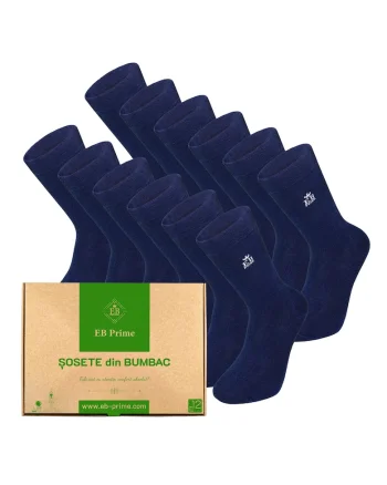 Set 12 perechi, Sosete clasice din bumbac pieptanat, Cutiuta "Rezerva Lunara"  fara cusatura, respirabile si confortabile, Albastru
