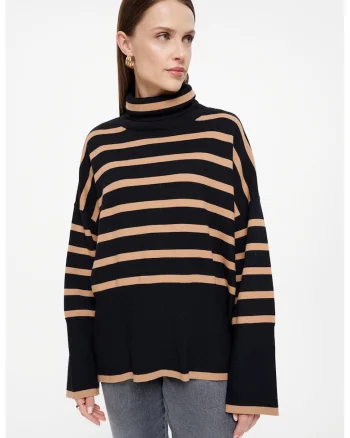 Pulover lejer cu model in dungi si guler inalt, Negru/Bej