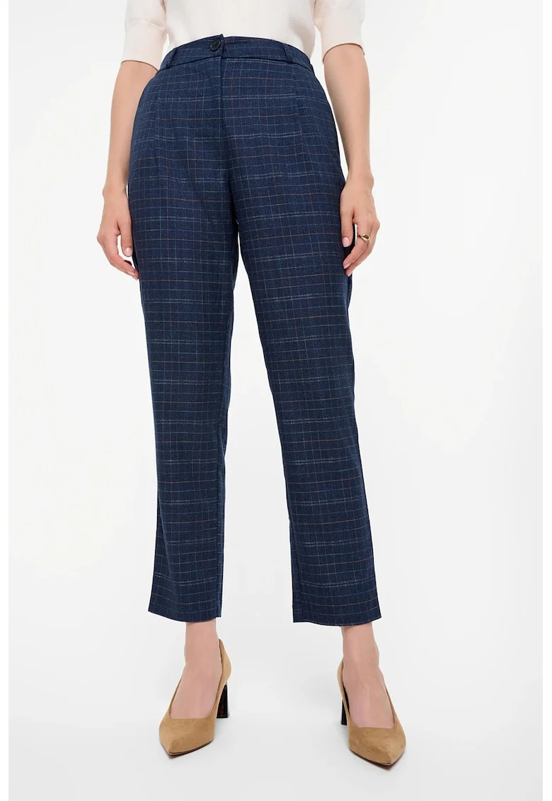 Pantaloni crop chino cu model in carouri, Bleumarin