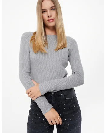 Bluza cu striatii si decolteu rotund, Gri deschis