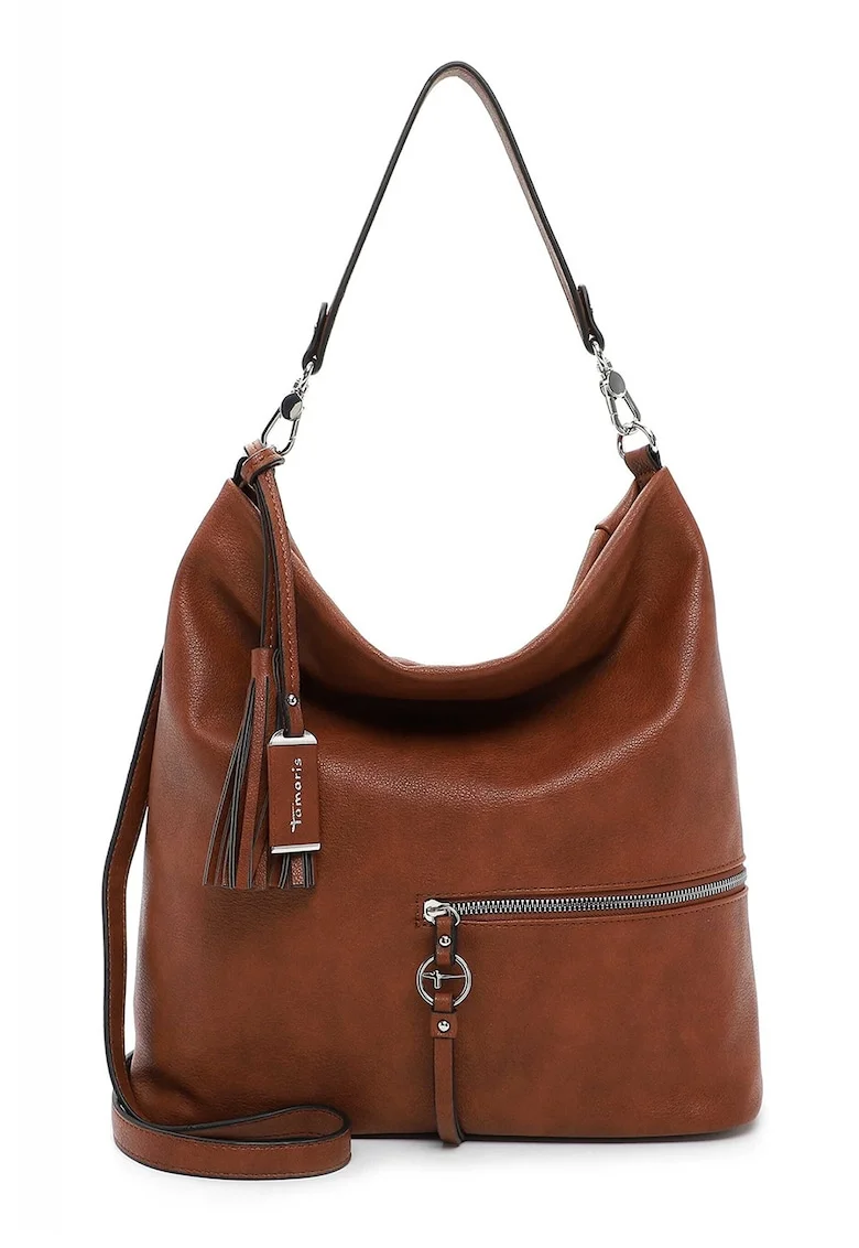 Geanta de piele ecologica cu bareta de umar si accesoriu canaf, Maro cognac