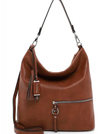 Geanta de piele ecologica cu bareta de umar si accesoriu canaf, Maro cognac