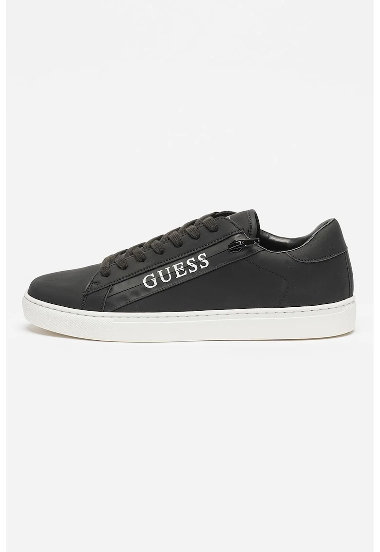 Pantofi sport de piele ecologica cu logo si fermoar, Negru