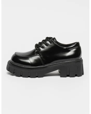 Pantofi din piele ecologica cu aspect lacuit si toc masiv, Negru