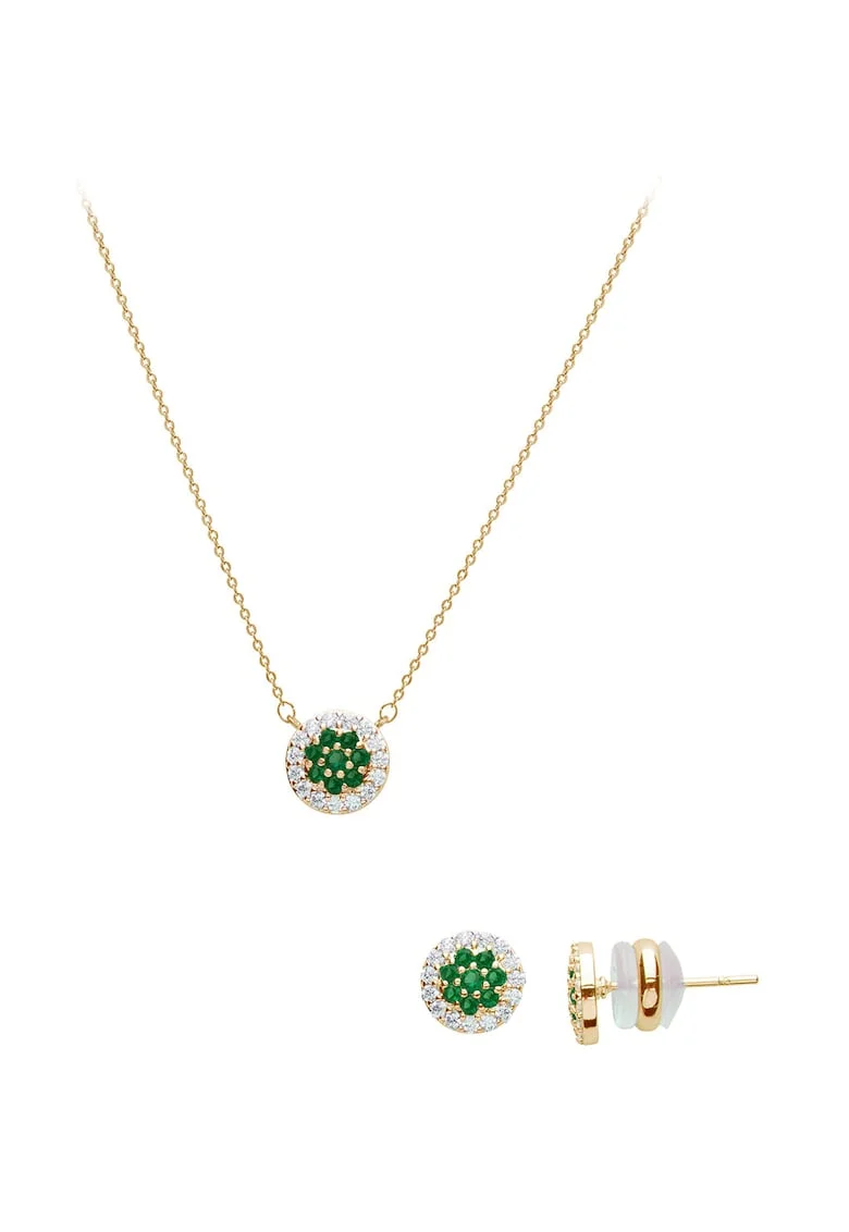 Set colier si cercei decorati cu zirconia, Verde/Auriu/Argintiu