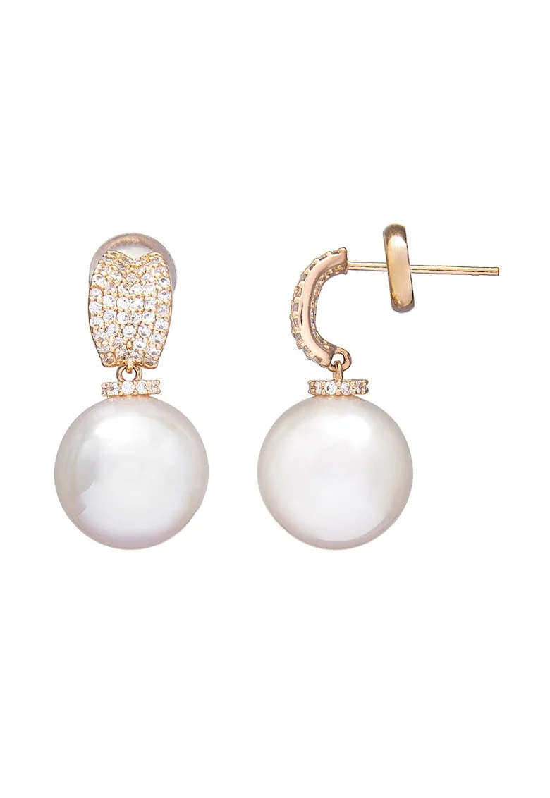 Cercei decorati cu zirconia si perle de sticla, Auriu rose