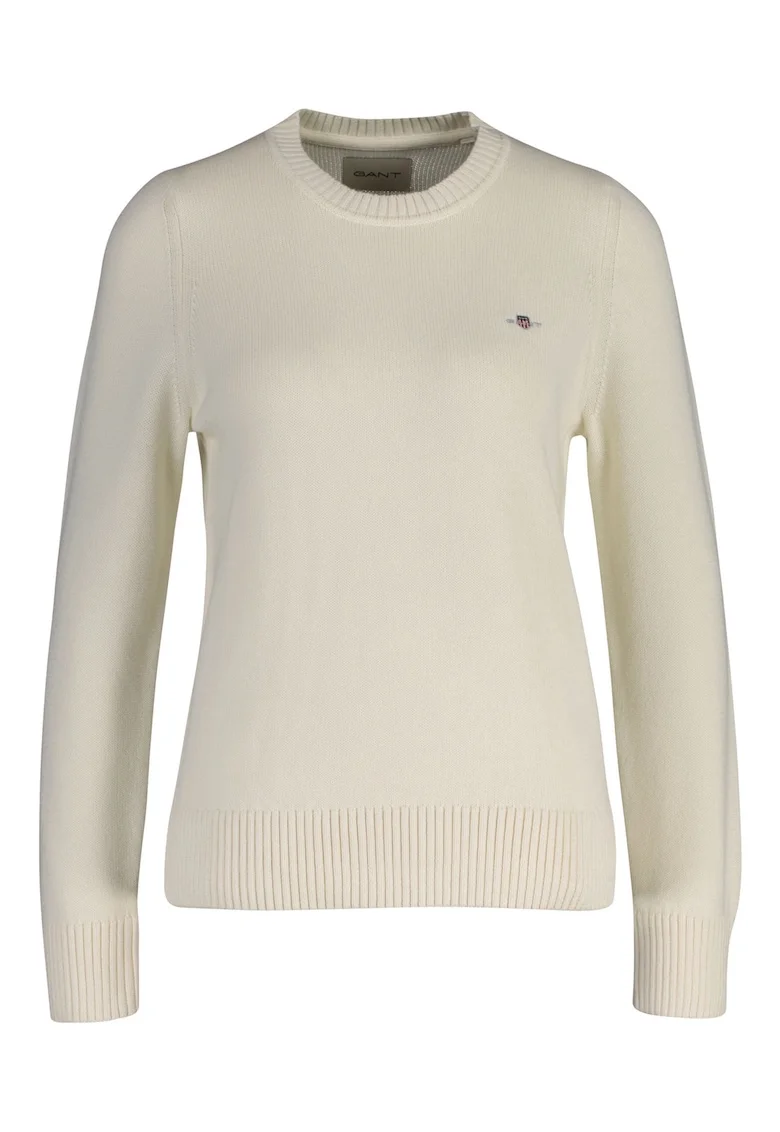 Pulover slim fit cu decolteu la baza gatului si logo, Crem