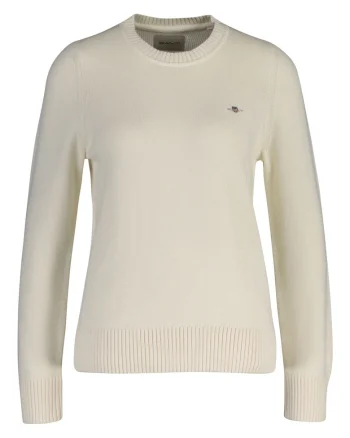 Pulover slim fit cu decolteu la baza gatului si logo, Crem