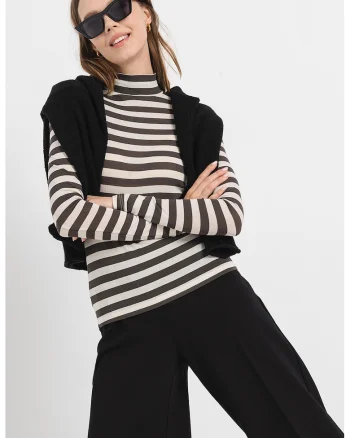 Bluza cu model in dungi si guler inalt, Gri deschis/Alb murdar