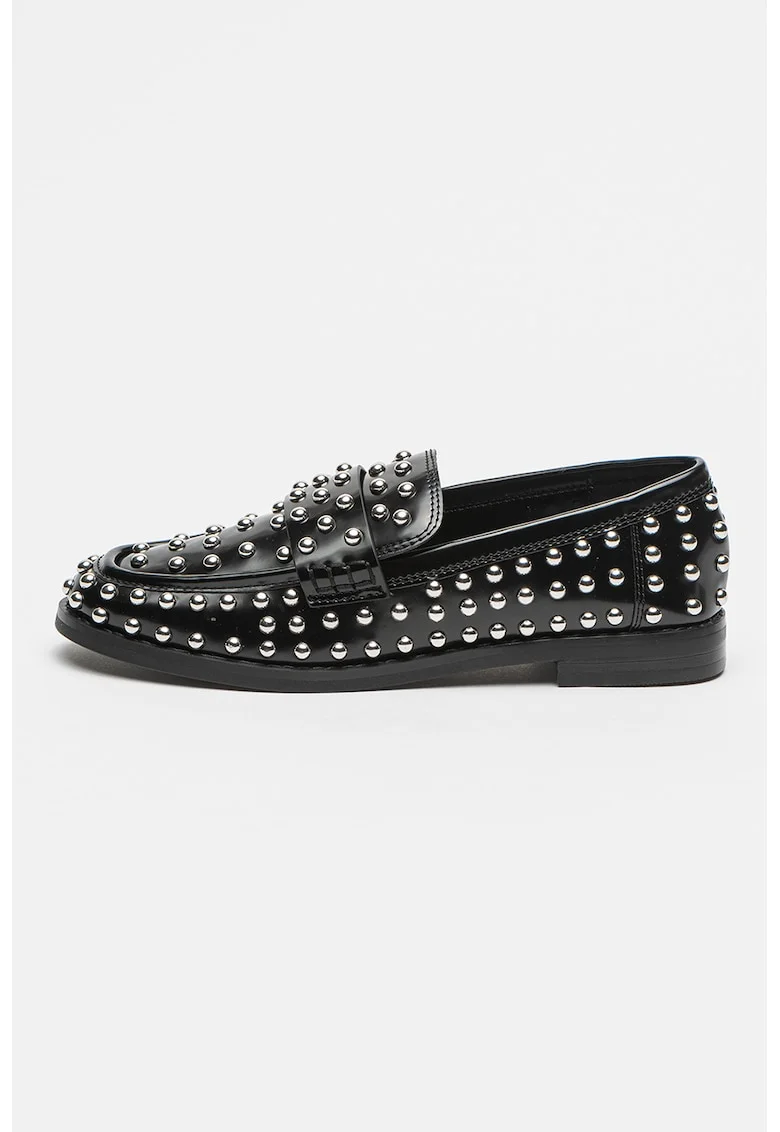 Pantofi loafer cu varf rotund si tinte Bequest, Negru/Argintiu