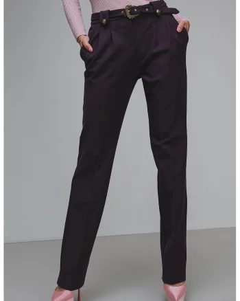 Pantaloni cu croiala dreapta, curea in talie si pliuri frontale, Violet pruna