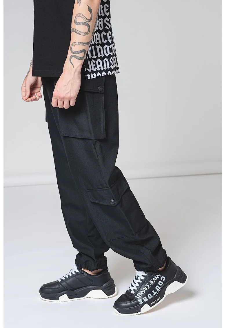 Pantaloni cargo cu banda logo in talie, Alb/Negru