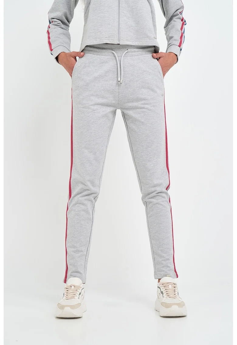 Pantaloni de trening din bumbac cu garnituri laterale contrastante, Gri melange