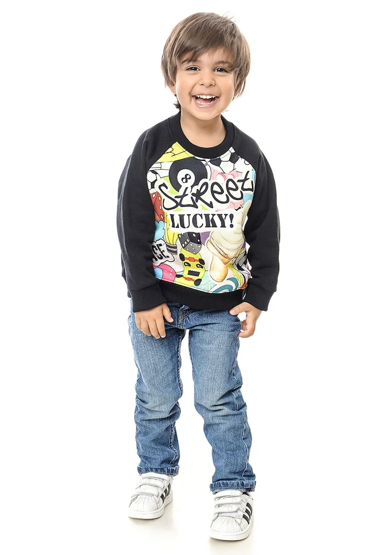 Bluza de trening cu imprimeu grafic si maneci raglan, Negru/Galben