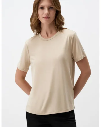 Tricou din amestec de modal cu decolteu rotund, Maro nisip