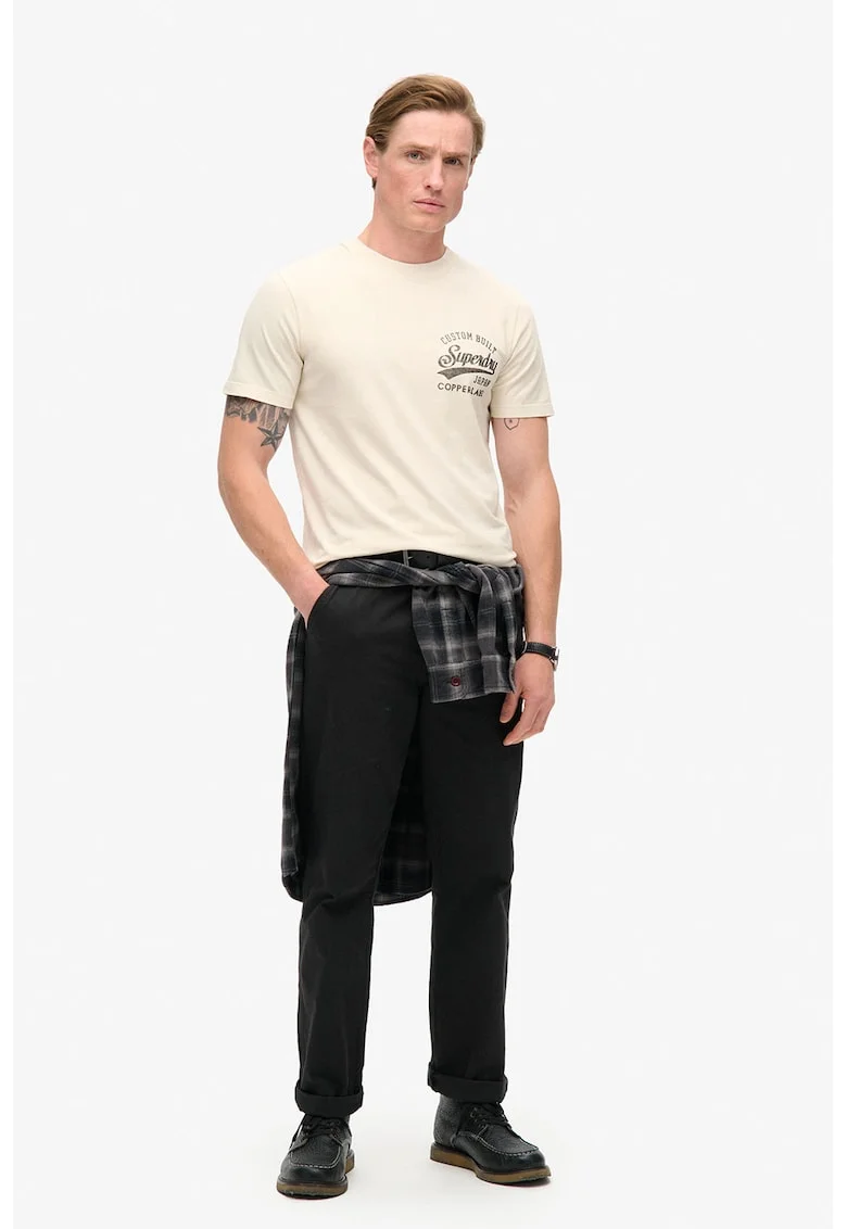 Tricou cu decolteu la baza gatului si imprimeu logo, Crem