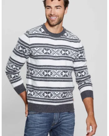 Pulover cu model Fair Isle, Alb/Gri melange