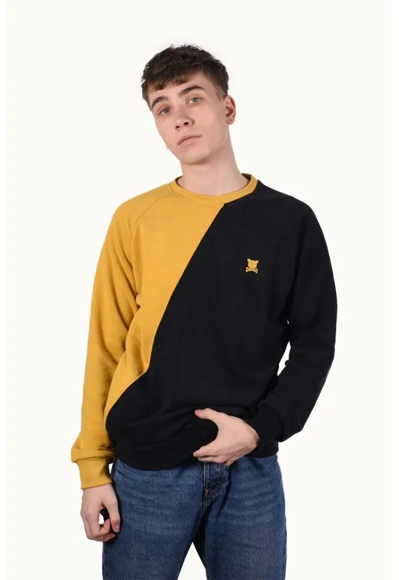 Bluza de trening cu maneci raglan, logo si model unisex, Negru/Galben mustar
