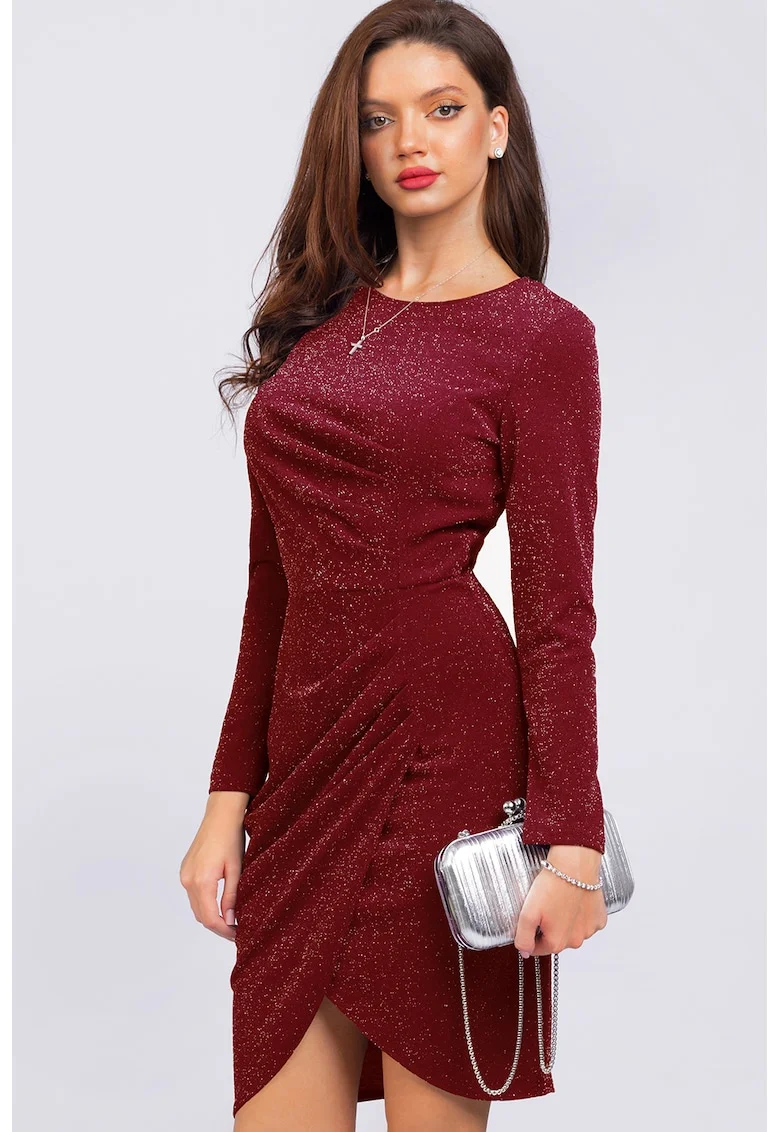 Rochie cambrata cu aspect stralucitor si maneci lungi, Visiniu