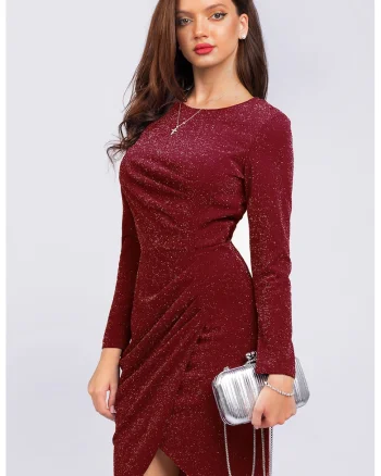 Rochie cambrata cu aspect stralucitor si maneci lungi, Visiniu