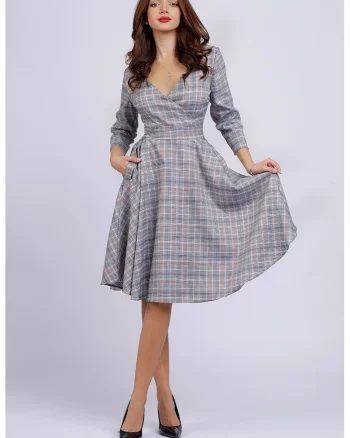 Rochie midi cu croiala in A si buzunare, Gri deschis/Portocaliu pal/Alb murdar