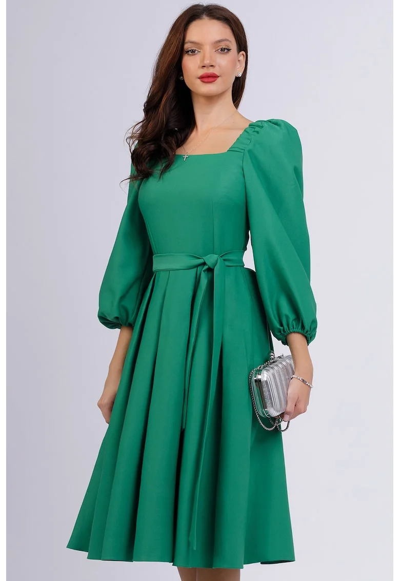 Rochie midi cu croiala in A si maneci bufante, Verde aquamarin