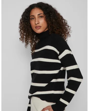 Pulover cu guler inalt si model in dungi, Alb/Negru