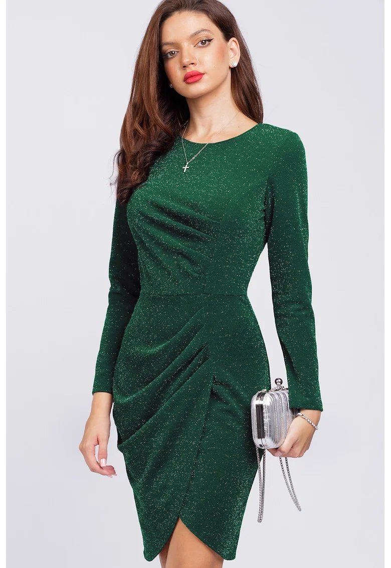 Rochie cambrata cu aspect stralucitor si maneci lungi, Verde inchis